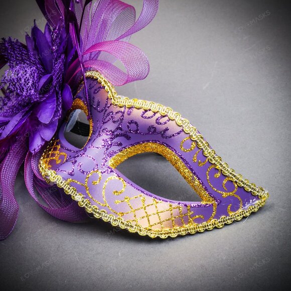 Venetian Purple Side Mesh Flower Gold Glitter Women Eyes Masquerade Face Mask - Picture 2 of 4